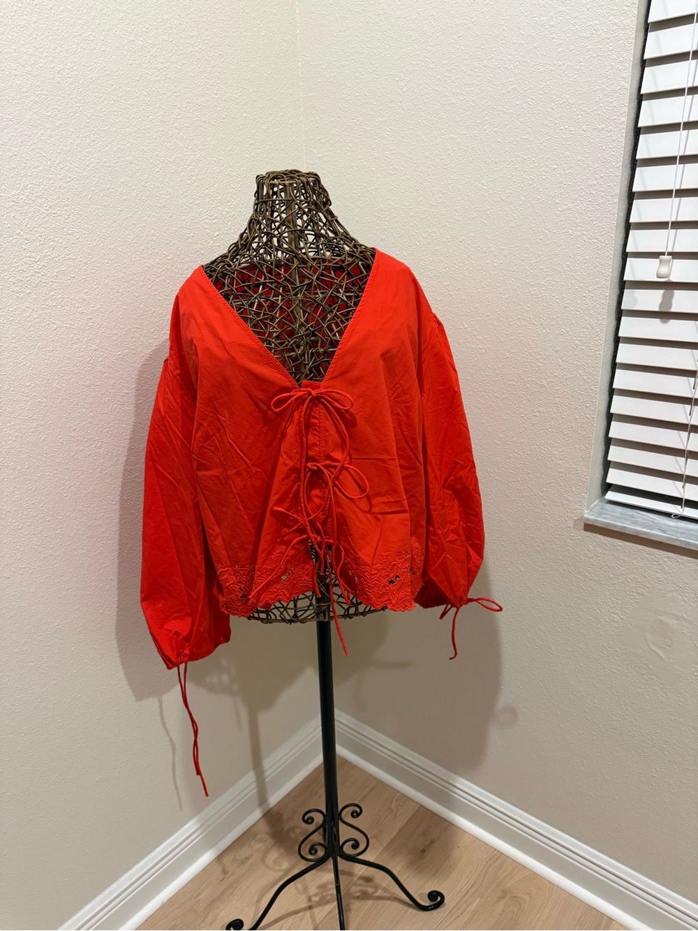 Red Lace-Hem Tie-Front Peasant Tunic